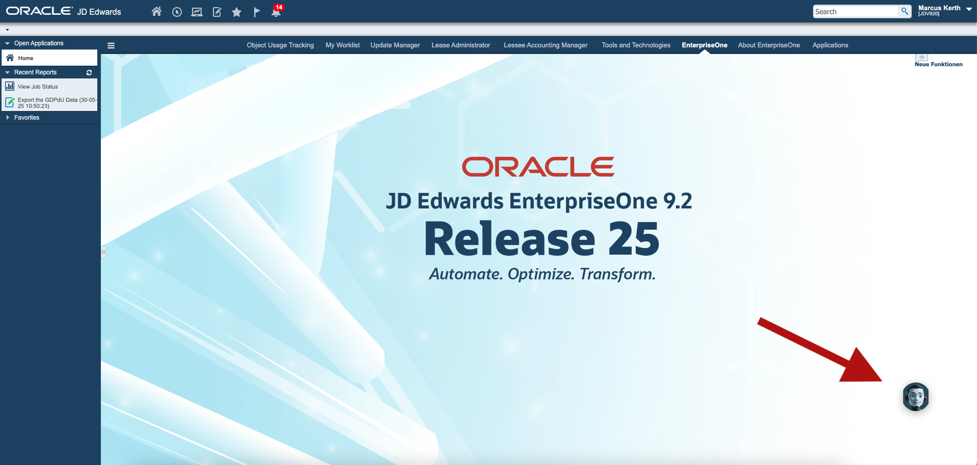 OperoGuide in JD Edwards Home Screen