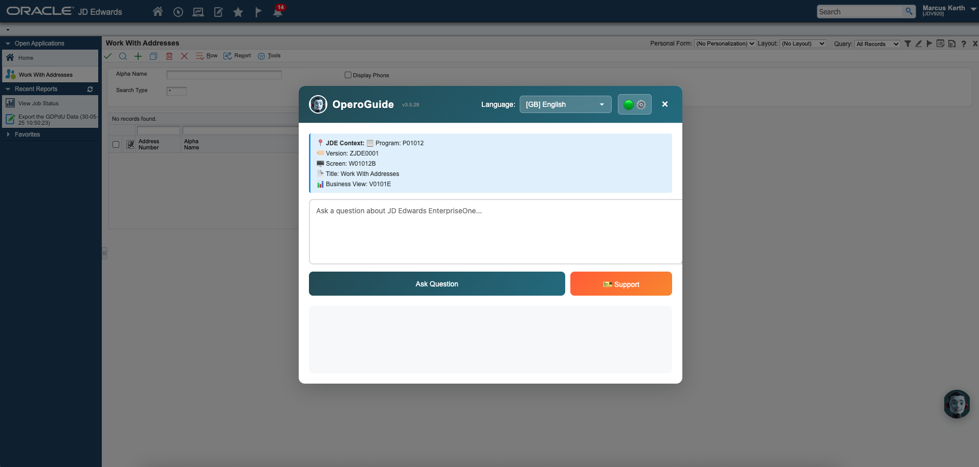 OperoGuide Popup with JDE Context